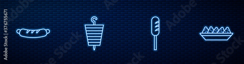 Set line Fried sausage, Hotdog sandwich, Grilled shish kebab and Nachos in plate. Glowing neon icon on brick wall. Vector.