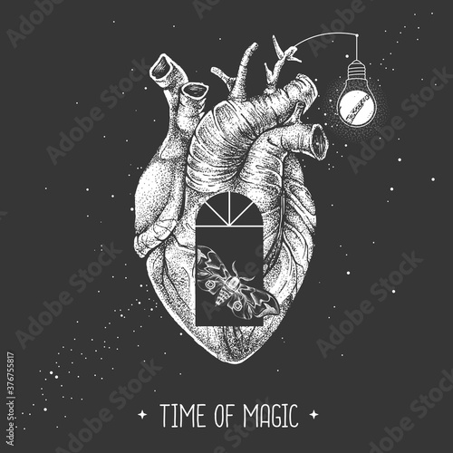 Modern magic witchcraft card with realistic human heart and window silhouette inside on outer space background. Vector illustration