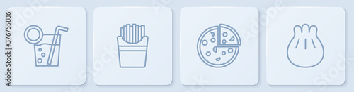 Set line Cocktail, Pizza, Potatoes french fries in box and Khinkali on cutting board. White square button. Vector.