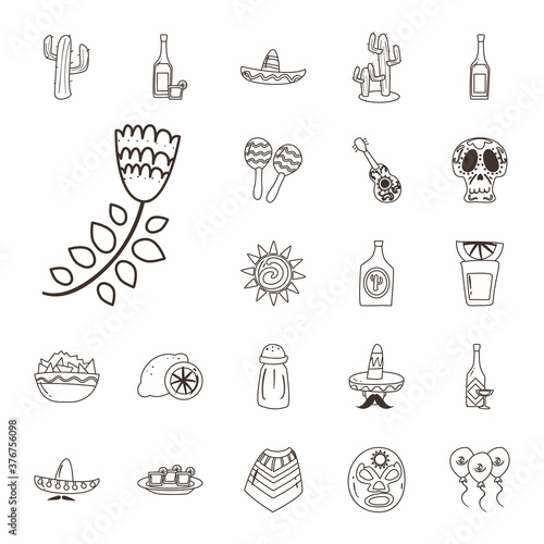 mexican flowers and free form line style icon set vector design