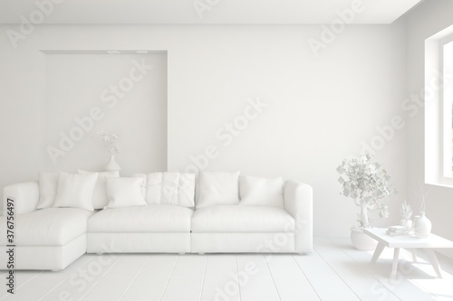 White minimalist living room with sofa. Scandinavian interior design. 3D illustration