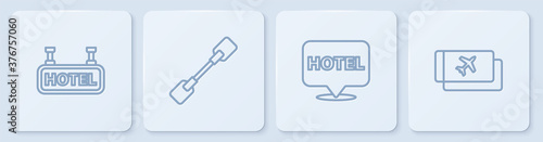 Set line Signboard with text Hotel, Location hotel, Paddle and Airline ticket. White square button. Vector.