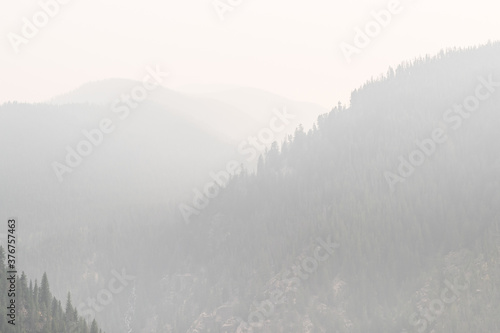 Smoke filled mountains in Colorado during wildfire season. 