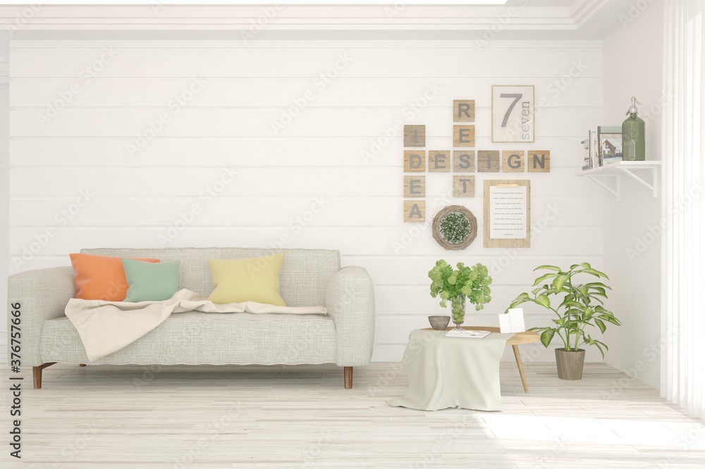 Obraz premium White living room with sofa. Scandinavian interior design. 3D illustration