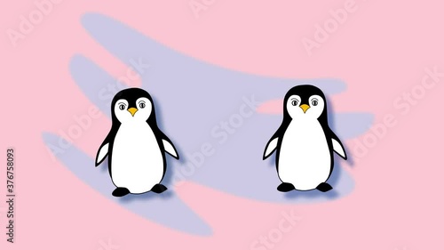 Funny cute penguins animation on blue pink background. Copy space