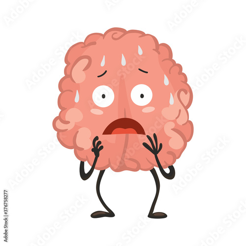 Brain character emotion. Brain character stands scared and sweaty. Funny cartoon emoticon. Vector illustration isolated on white background