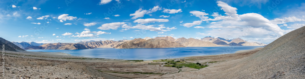 Panorama of Pangong Lake, Pangong Tso, China India border in the Himalayas