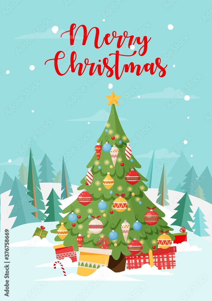 Christmas tree with gifts and presents, decorated with baubles and balls on winter forest background. Vector illustration in flat syle for xmas and new year greeting cards and design Christmas tree with gifts and presents, decorated with baubles and balls on winter forest background. Vector illustration in flat syle for xmas and new year greeting cards and design
