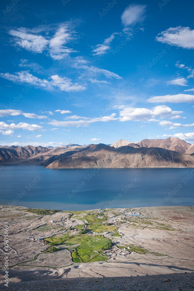 Wide shot of Pangong Lake, Pangong Tso, China India border in the Himalayas