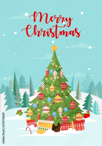 Christmas tree with gifts and presents, decorated with baubles and balls on winter forest background. Vector illustration in flat syle for xmas and new year greeting cards and design