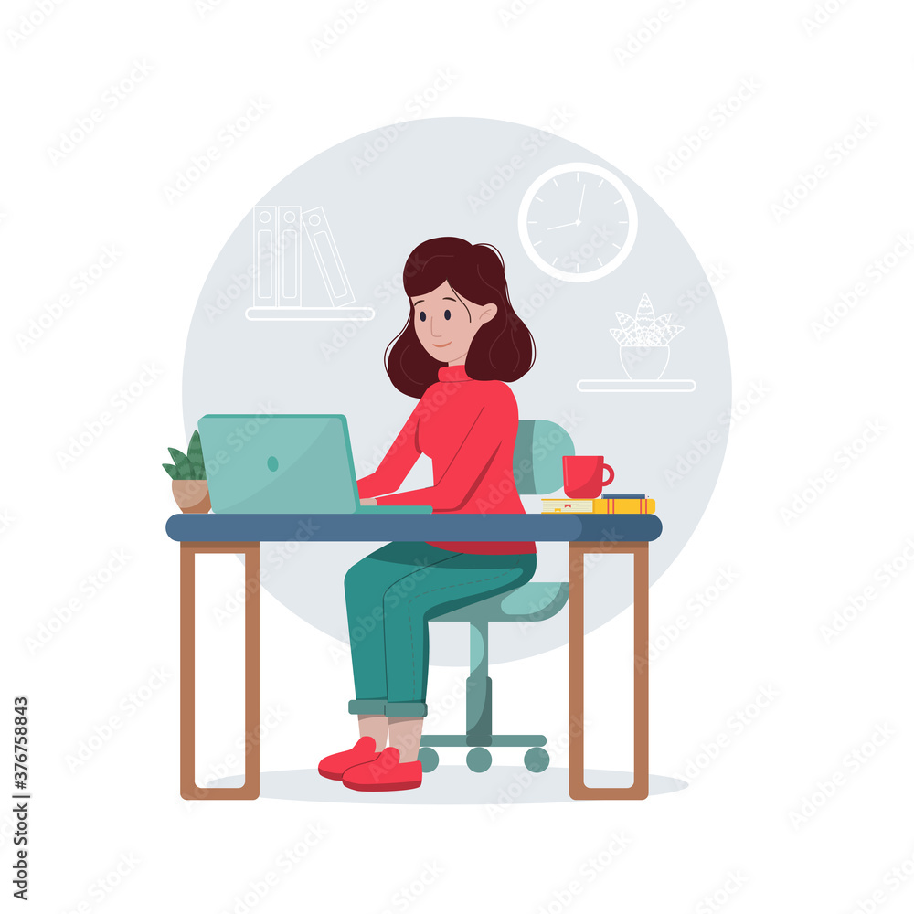 Vector illustration: office concept, woman working from home with laptop, student or freelancer. Vector illustration: office concept, woman working from home with laptop, student or freelancer.