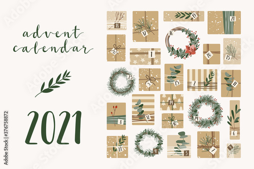 Advent calendar. Christmas presents in kraft paper and wreaths, with numbers 1 to 25. Rustic gift box. Eco decoration.  New 2021 Year and Xmas celebration preparation. Vector flat cartoon style
