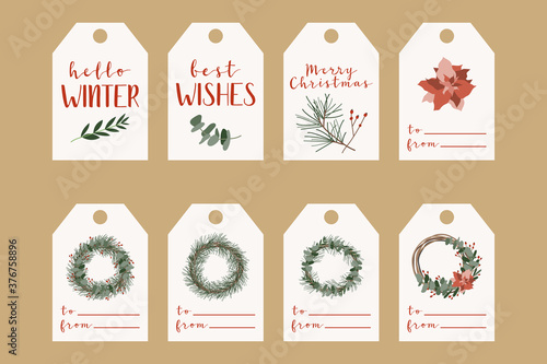Set of different christmas tags, labels. Rustic gift box. Eco decoration, eucalyptus and spruce. Xmas and New 2021 Year celebration preparation. Vector flat cartoon style