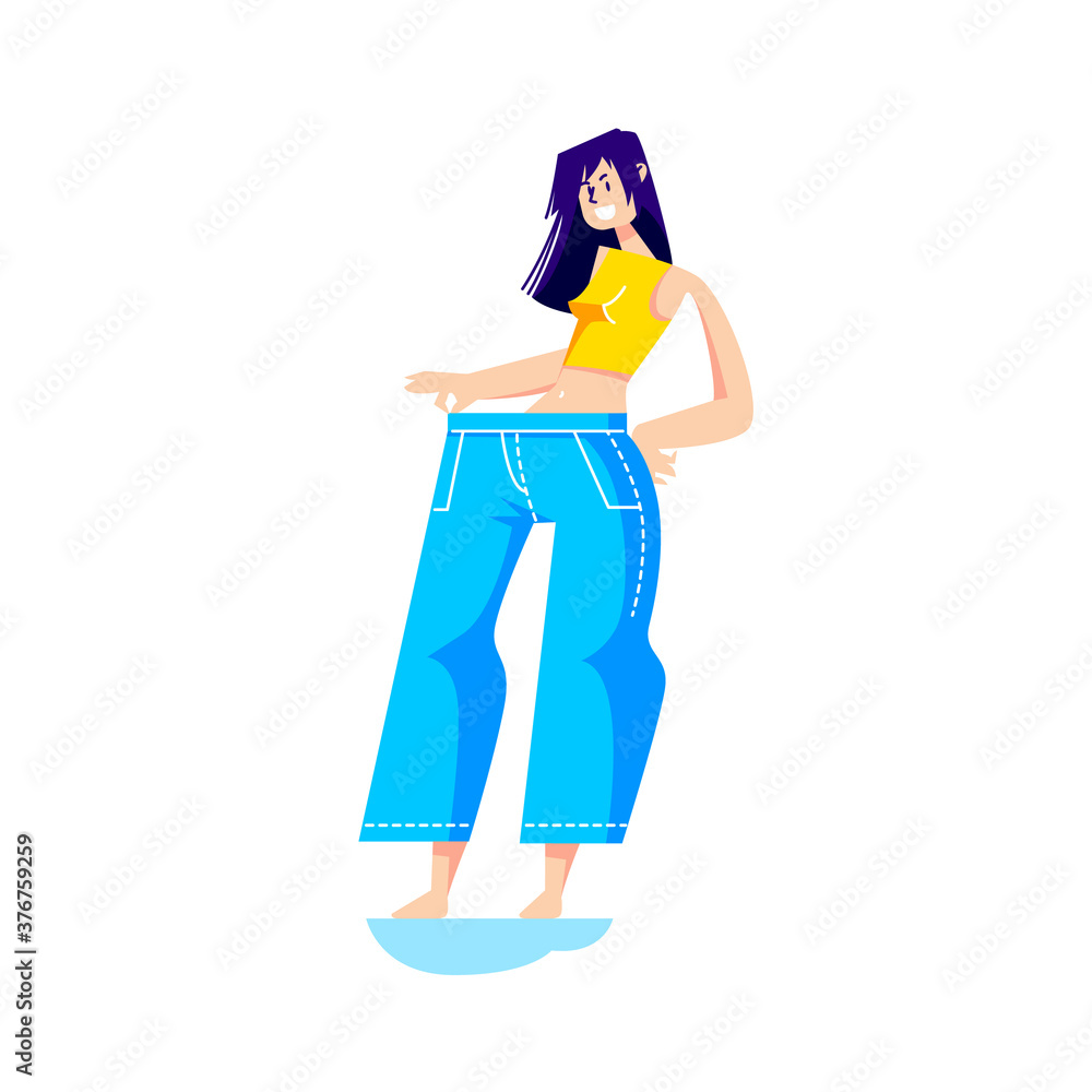 Girl wearing big jeans after weight loss. Slim cartoon female in oversize pants Girl wearing big jeans after weight loss. Slim cartoon female in oversize pants