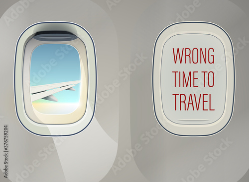 Business jet infographic airplane porthole text Wrong time to travel banner. Airplane illuminator concept. Space aircraft windows frame