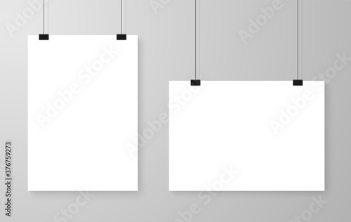 Vector illustration of hanging sign, paper banner isolated on background. Art design poster mockup, paper gallery template. Abstract concept graphic blank hang sign, photo frames.