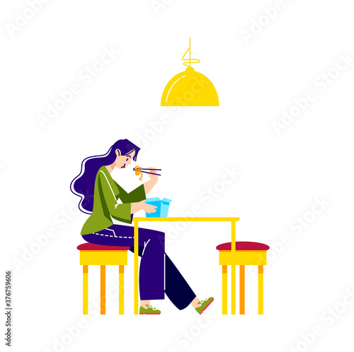 Woman eating noodles, udon or ramen from paper box for street food takeaway