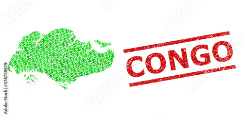 Green dollar and men mosaic map of Singapore and rubber seal stamp. Stamp seal includes CONGO title between parallel lines. Mosaic map of Singapore designed with green dollars,