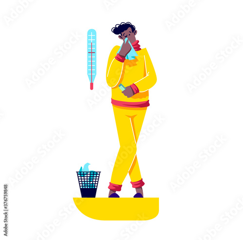 Sneezing man with fever suffering from flu. Sick cartoon male character treating illness