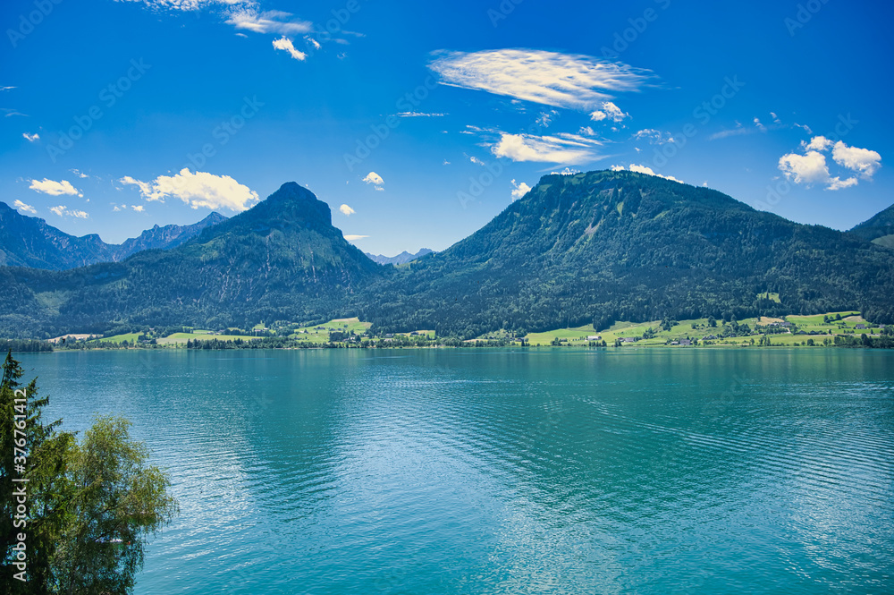 view over the lake Wolfgangsee in Austria from the village St. Wolfgang