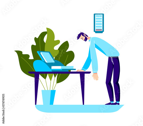 Tired businessman printing new documents for exhausting paperwork in office