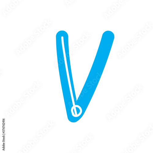 Letter V isolated on white background as logo, icon, emblem, blue vector stock illustration with drawn single letter for business