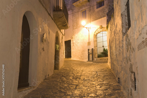 Cobbled village alleyway at dusk