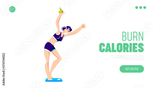 Happy girl on weight scales for dieting and fitness website landing page template
