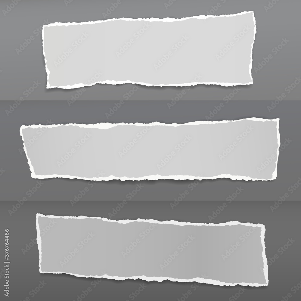 Set of torn of white, gray note, notebook paper strips and pieces stuck on dark gray backgrounds. Vector illustration