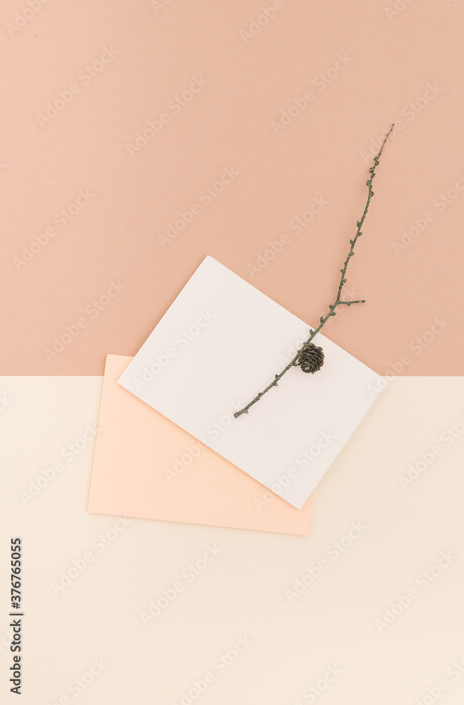 Autumn background with spruce twig blank stationary template, invitation mock up, empty paper card with copy space for text from top on beige background. Top view. Flat lay. Fall winter seasons Autumn background with spruce twig blank stationary template, invitation mock up, empty paper card with copy space for text from top on beige background. Top view. Flat lay. Fall winter seasons