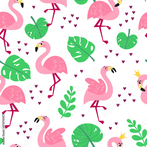 Seamless pattern with cartoon flamingos. Summer tropical vector texture on a white background. Background for a children's book, print, poster, stickers, fabric, wrapping paper.