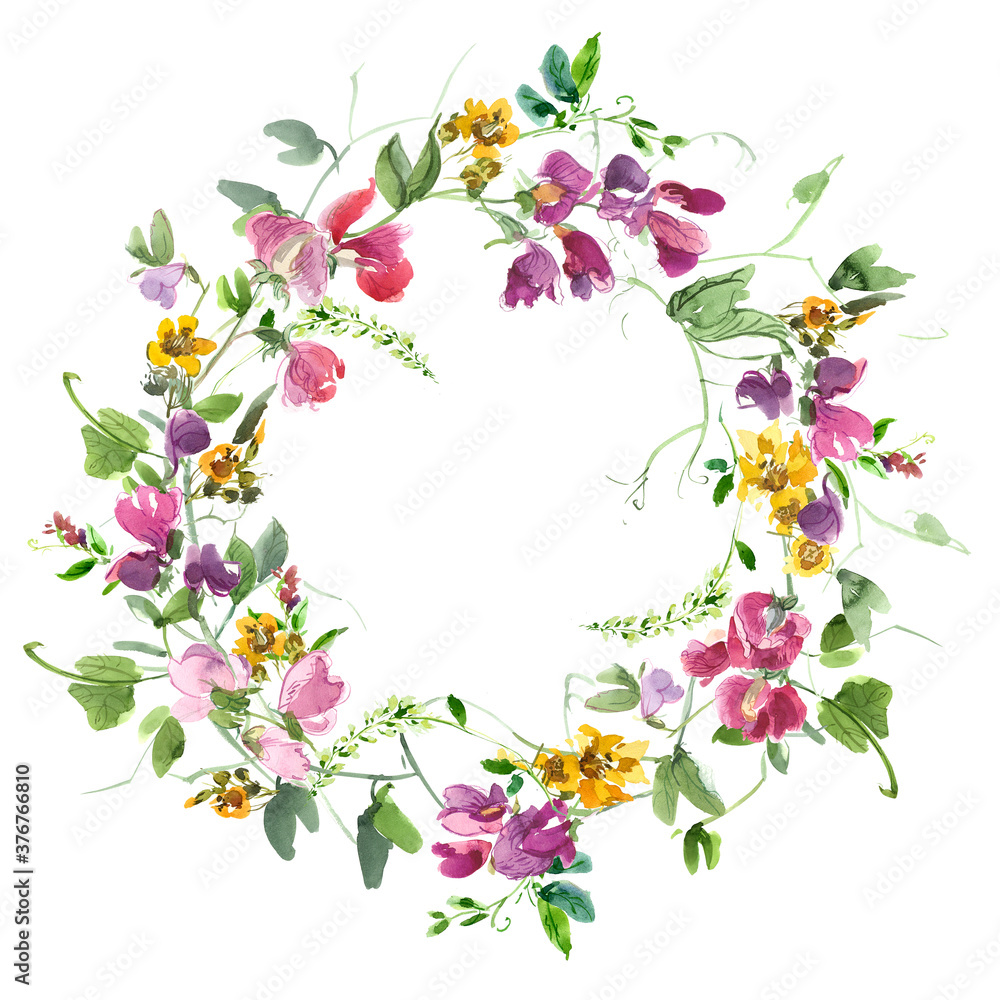 Colorful Summer Little Wild Flowers with Pink Sweet Pea Watercolor Wreath - Hand painted Watercolor Arrangement