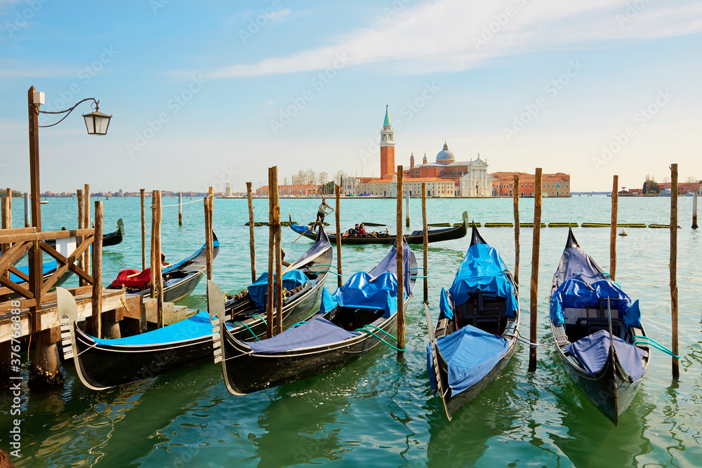 Gondolas in front of San Giorgio Maggiore, Venice, Veneto, Italy Gondolas in front of San Giorgio Maggiore, Venice, Veneto, Italy