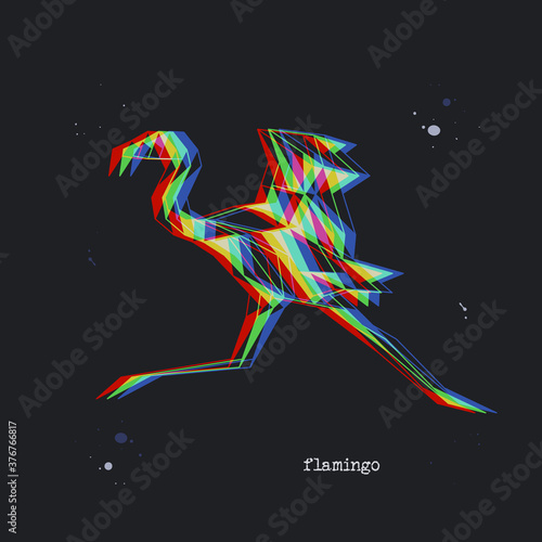 Polygon stereoscopic flamingo silhouette. Low poly bird. Abstract geometric logo icon. Triangle graphic, origami style, 3D stereo effect. Glitch vector illustration for web design, t-shirt, postcard