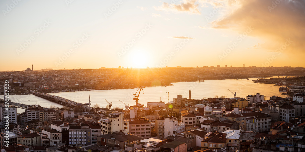 View over Istanbul skyline from The Galata Tower at sunset, Beyoglu, Istanbul, Turkey