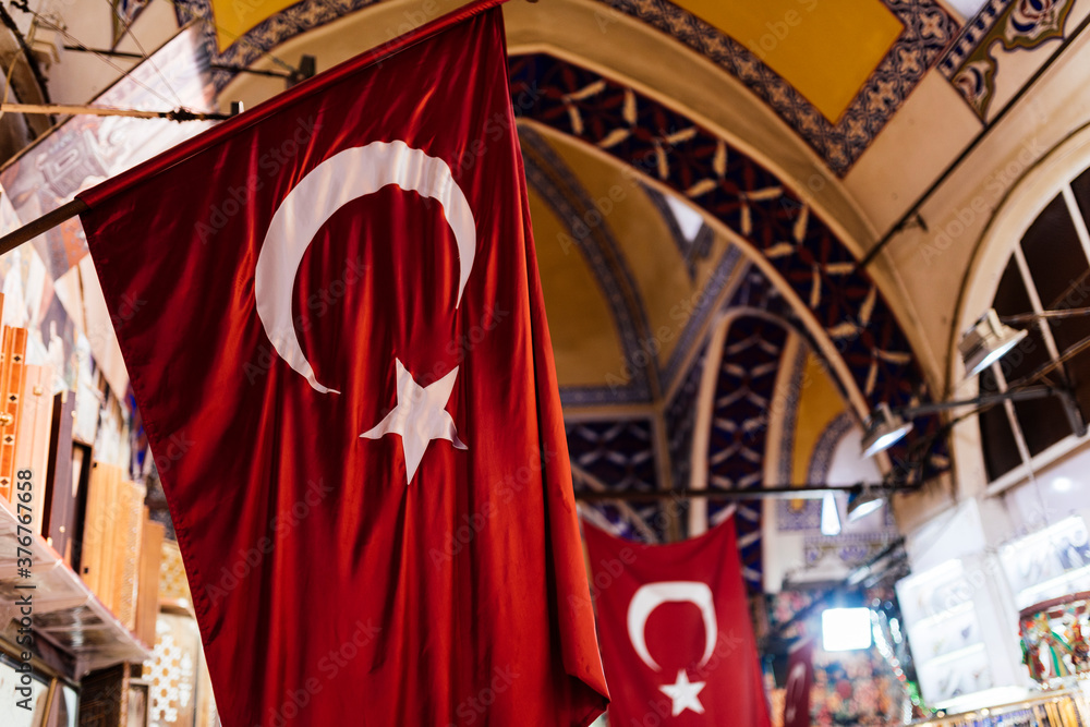 Flag of Turkey, Interior of Grand Bazaar, Istanbul, Turkey