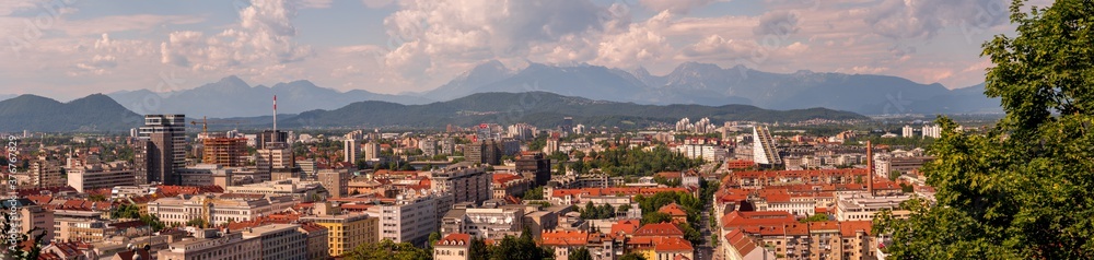 Panorama view of the cityscape of Ljubjana from castle hill, Slovenia