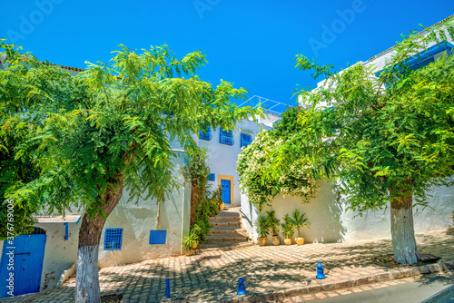 View of street in resort village Sidi Bou Said. Tunisia, North Africa
