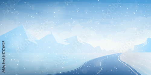 Vector illustration. Flat landscape. Snowy background. Snowdrifts. Snowfall. Clear blue sky. Blizzard. Cartoon wallpaper. Cold weather. Winter season. Forest trees and mountains. Design for website