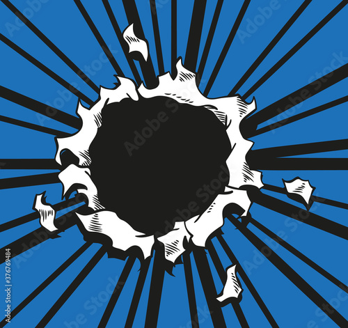 Comic book hole. Vector paper is torn through boom explosion. Circle hole in the middle on blue background. Comics style cover template or flyer wallpaper