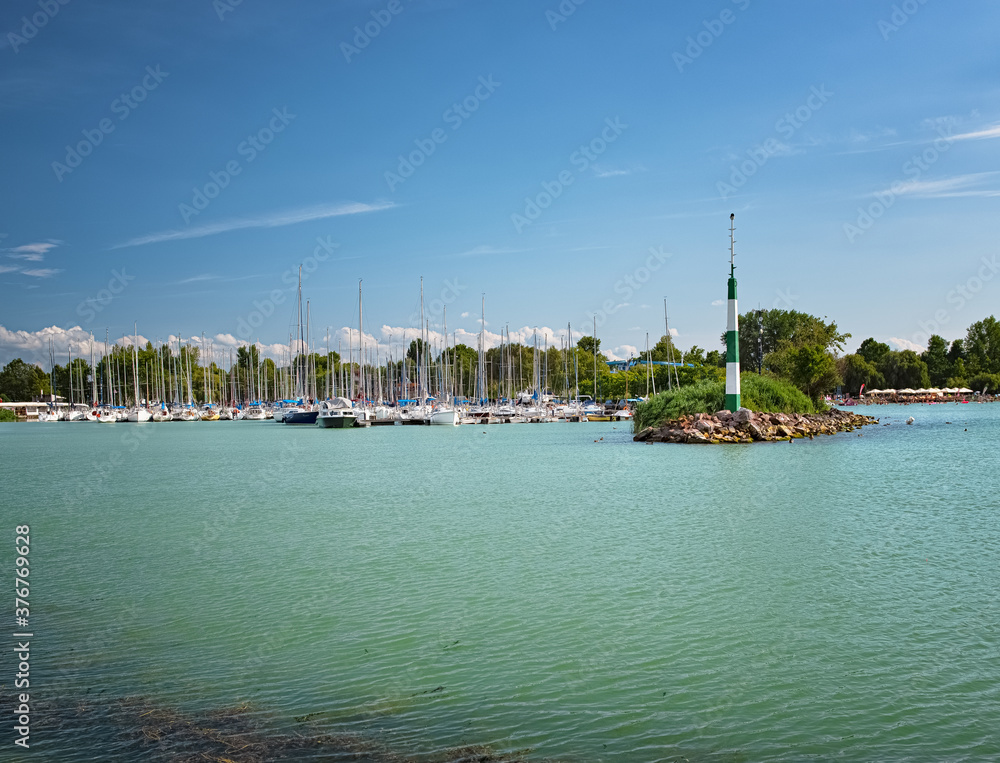 Harbor with sailboats in the harbor of Balatonlelle, Hungary