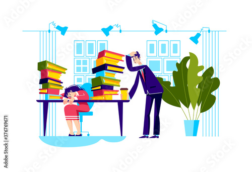 Tired businesswoman sleeping at workplace desk stacked with piles of document folders