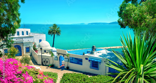 Picturesque cityscape with view of seaside in Sidi Bou Said. Tunisia, North Africa photo