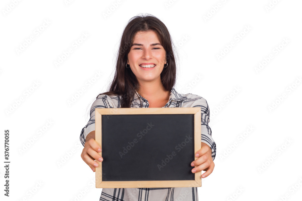 woman holding an empty chalkboard on studio. woman holding an empty chalkboard on studio.