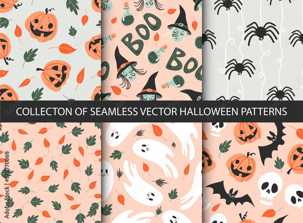 6 different seamless halloween patterns in childish doodle style. Retro colors, funny autumn textures with ghosts, witch, black cats, spiders, bats, sculls and pumpkins