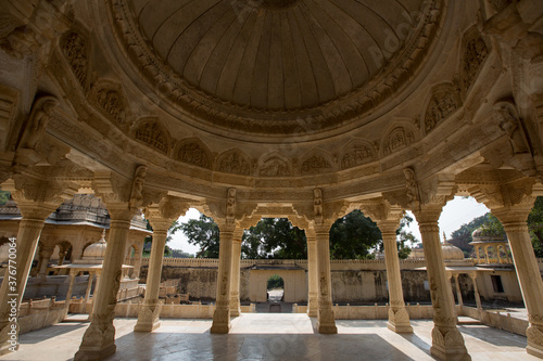 Pillars and domed ceiling at royal cenotaph in Gaitore, Jaipur, Rajasthan, India photo
