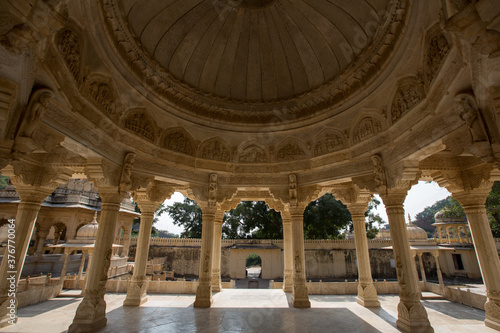 Pillars and domed ceiling at royal cenotaph in Gaitore, Jaipur, Rajasthan, India