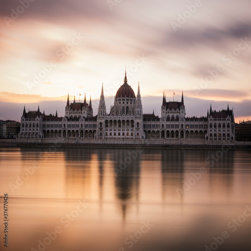 Sunrise behind the Hungarian Parliament Building & Danube River, Budapest, Hungary