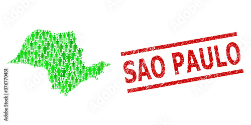 Green dollar and clients mosaic map of Sao Paulo State and corroded seal stamp. Stamp seal includes SAO PAULO text between parallel lines. Mosaic map of Sao Paulo State designed with green dollars,