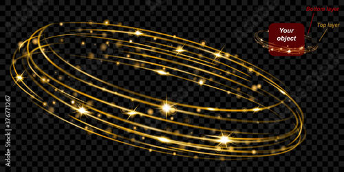 Glowing fire ring with glitter consist of two layers: top and bottom. In gold colors on transparent background. Easy to use with your object. Transparency only in vector format